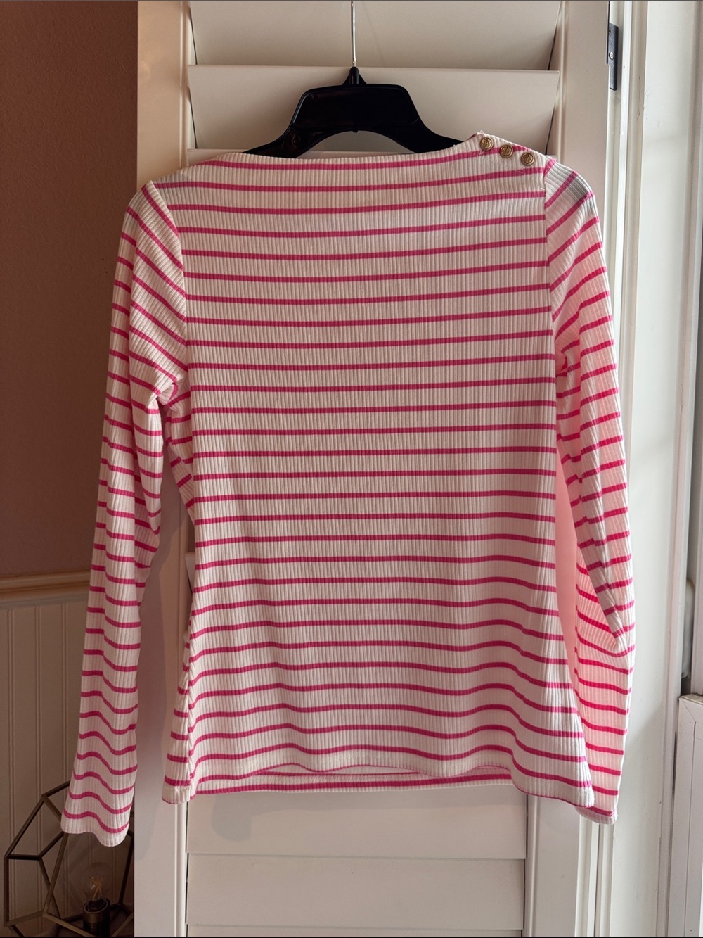 Striped Ribbed Long-Sleeve Top in Pink and White
